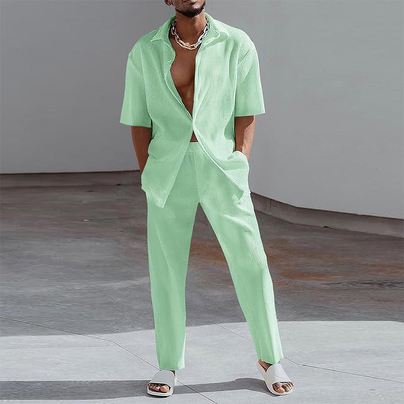 Fashion Print Two Piece Set Men Summer Short Sleeve Lapel Button Shirts And Straight Pants Suit For Mens Outfits Casual Clothing