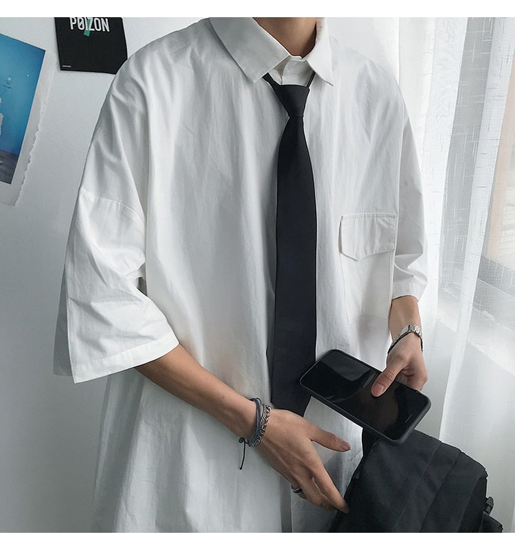 Gotmes Summer New Fashion Loose Solid Shirts Men's  Casual Short Sleeve Shirts Turn-down Collar Clothing Blouses Tops Q02