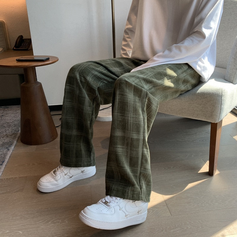 Men Checkered Casual Pants Loose Straight Corduroy Pants Sweatpants Man Fashion Streetwear  Spring New Hip Hop Trousers