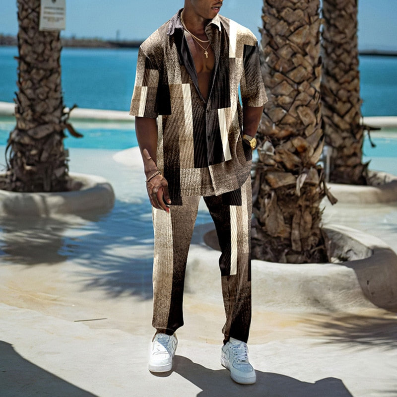 Fashion Print Two Piece Set Men Summer Short Sleeve Lapel Button Shirts And Straight Pants Suit For Mens Outfits Casual Clothing