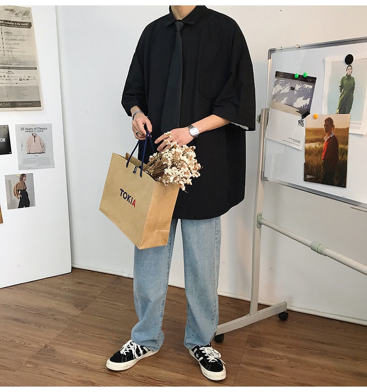 Gotmes Summer New Fashion Loose Solid Shirts Men's  Casual Short Sleeve Shirts Turn-down Collar Clothing Blouses Tops Q02