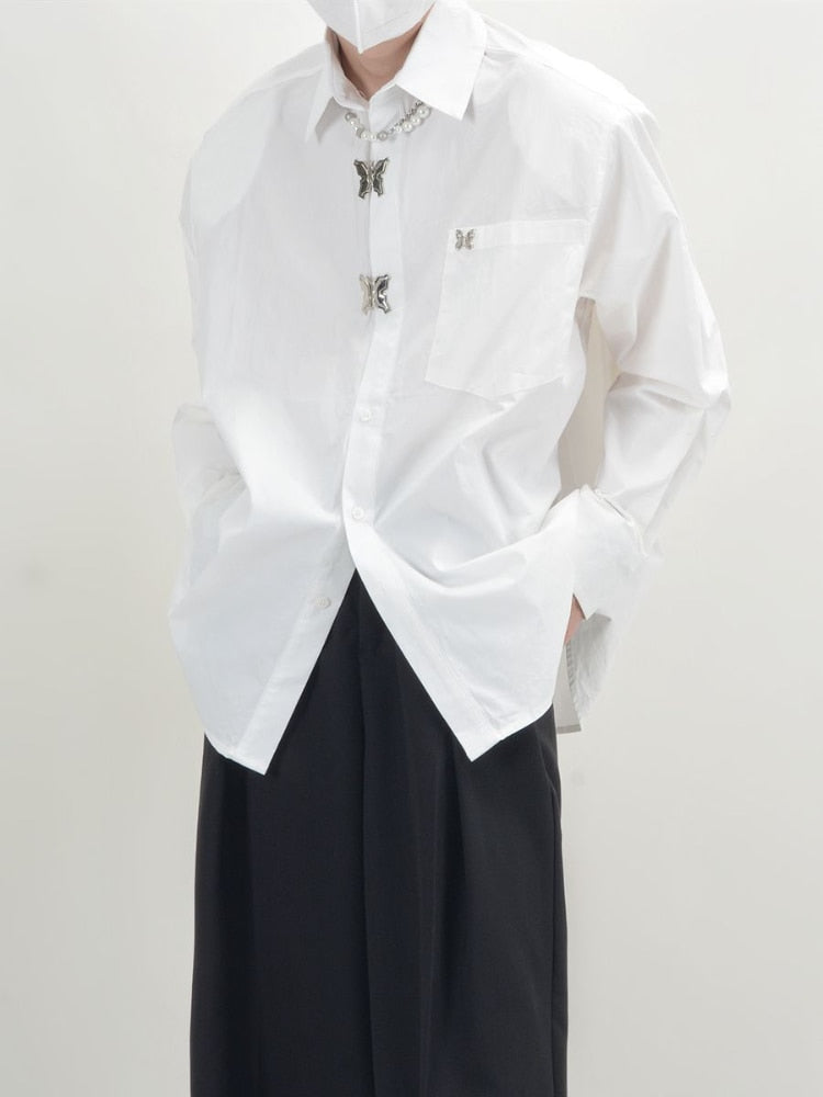 Design Sense Long Sleeve Lapel Shirt for Men New Metal Butterfly Lock Loose Casual Shirt Korean Fashion Blouses