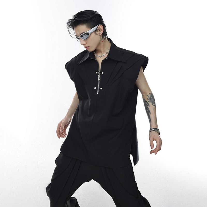 New Pleated Shoulder Pad Men's Vests Metal Zipper Fashion Casual Sleeveless Tops Solid Color Niche Design Clothing