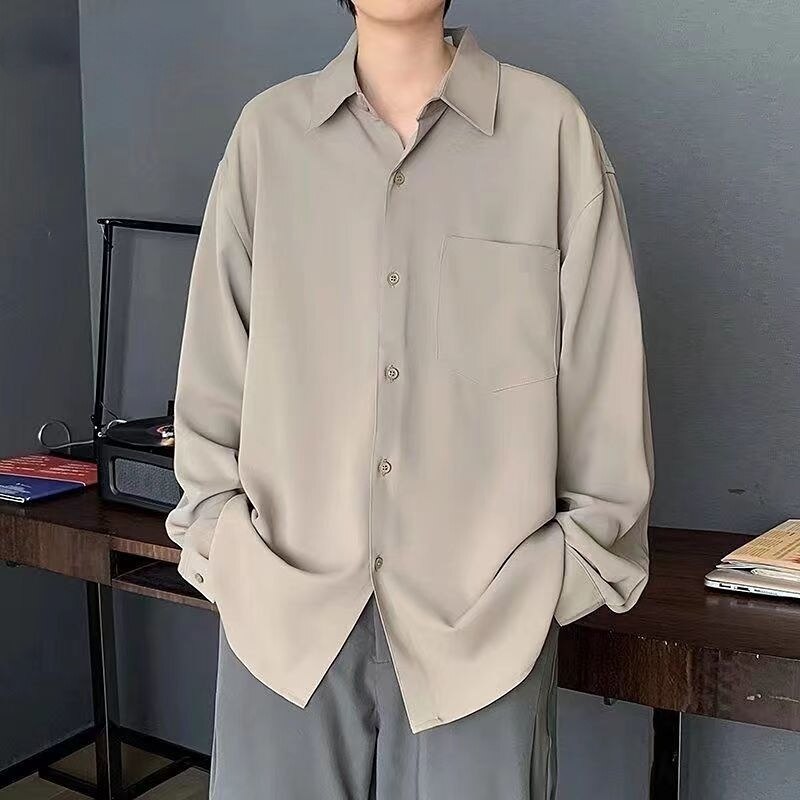 New Casual Khaki Long Sleeve Shirt Mens Pure Color Loose Casual Button Easy-care Dress Shirt for Men Clothing Streetwear