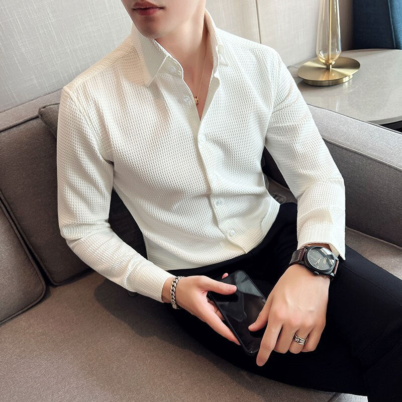 British Style Spring New Waffle Long Sleeve Shirts For Men Clothing Quality Slim Fit Drape Tuxedo Casual Chemise Homme Sale