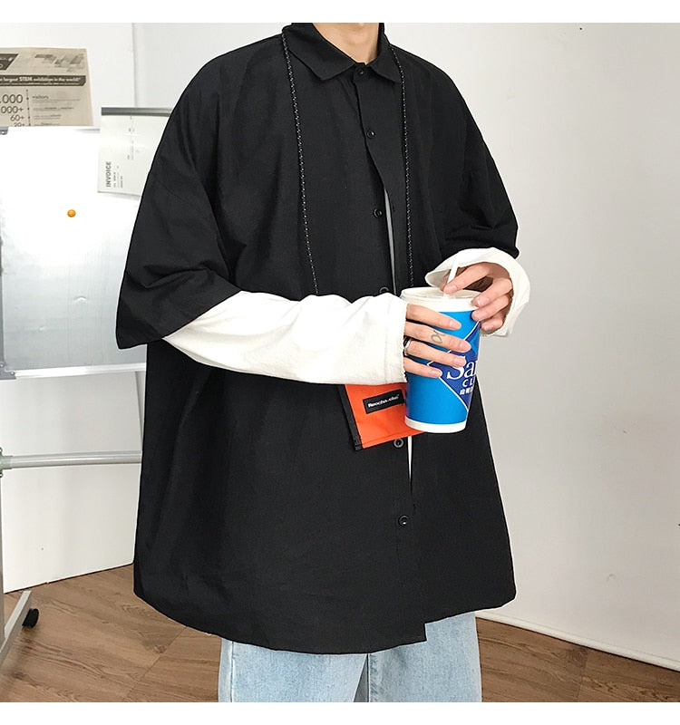 Gotmes Summer New Fashion Loose Solid Shirts Men's  Casual Short Sleeve Shirts Turn-down Collar Clothing Blouses Tops Q02