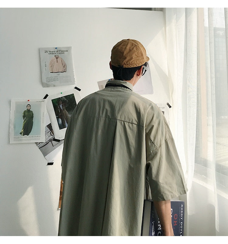 Gotmes Summer New Fashion Loose Solid Shirts Men's  Casual Short Sleeve Shirts Turn-down Collar Clothing Blouses Tops Q02