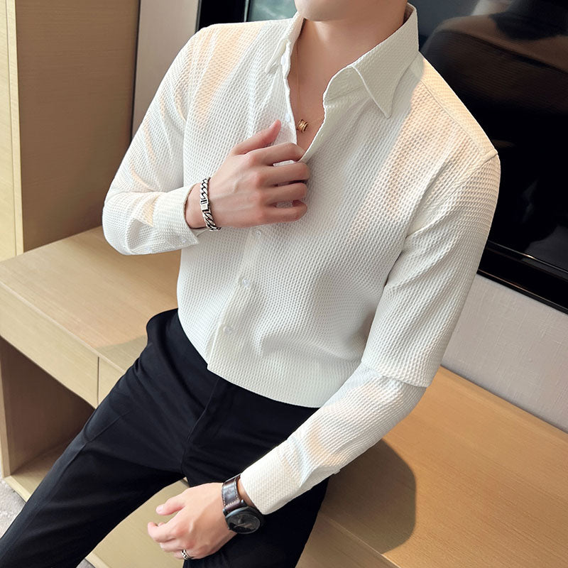 British Style Spring New Waffle Long Sleeve Shirts For Men Clothing Quality Slim Fit Drape Tuxedo Casual Chemise Homme Sale