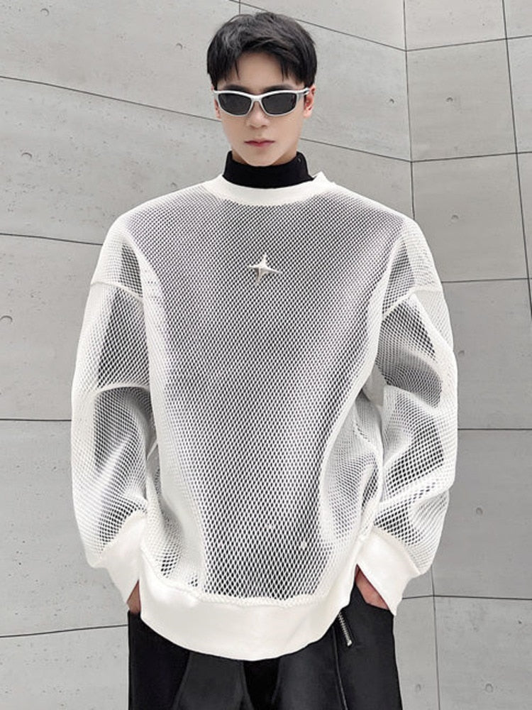 Hollowed Out Mesh Design Long Sleeve Men Sweatshirt 2023 New Autumn Korean Fashion Long Sleeve Male Tops 9A4936