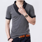 New Plus Size Summer Mens T-Shirts Fashion Slim Short Sleeve Patchwork V Neck Cotton Black T Shirt Men Button Tops & Tees