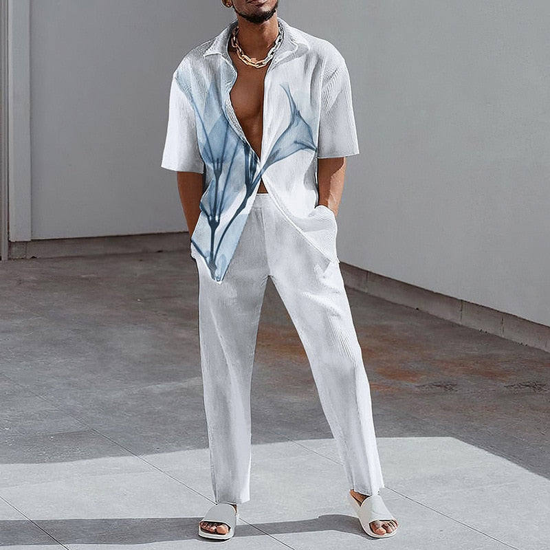 Fashion Print Two Piece Set Men Summer Short Sleeve Lapel Button Shirts And Straight Pants Suit For Mens Outfits Casual Clothing