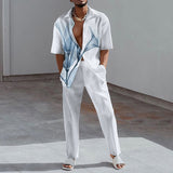 Fashion Print Two Piece Set Men Summer Short Sleeve Lapel Button Shirts And Straight Pants Suit For Mens Outfits Casual Clothing
