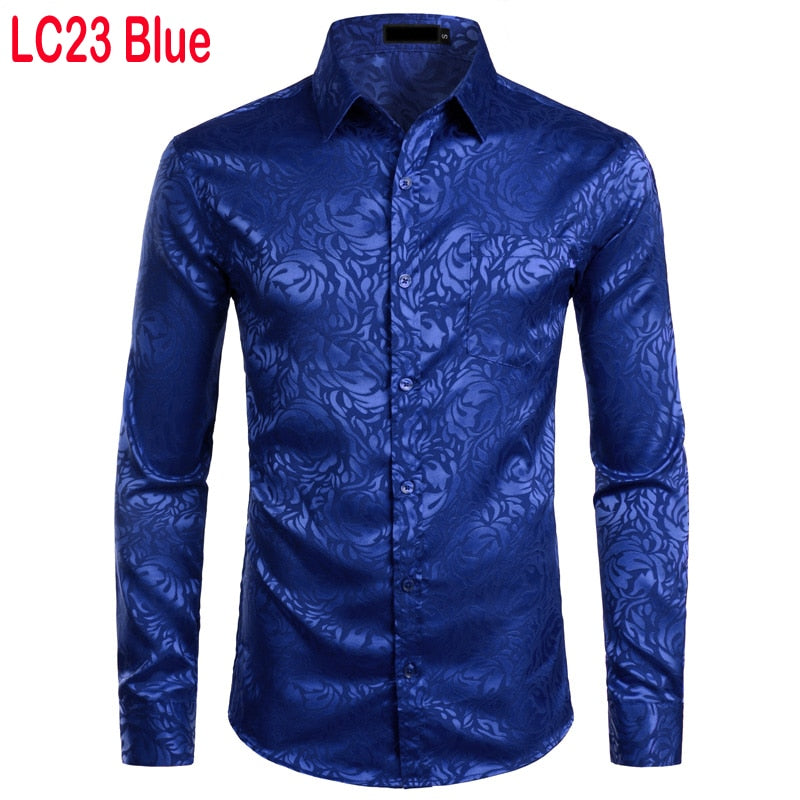 Men's Floral Black Dress Shirts Stylish New Long Sleeve Steampunk Shirt Men Party Club Bar Social Shirt Male Chemise Homme