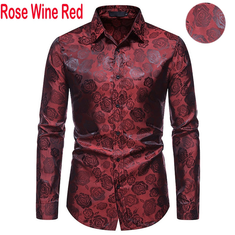 Men's Floral Black Dress Shirts Stylish New Long Sleeve Steampunk Shirt Men Party Club Bar Social Shirt Male Chemise Homme