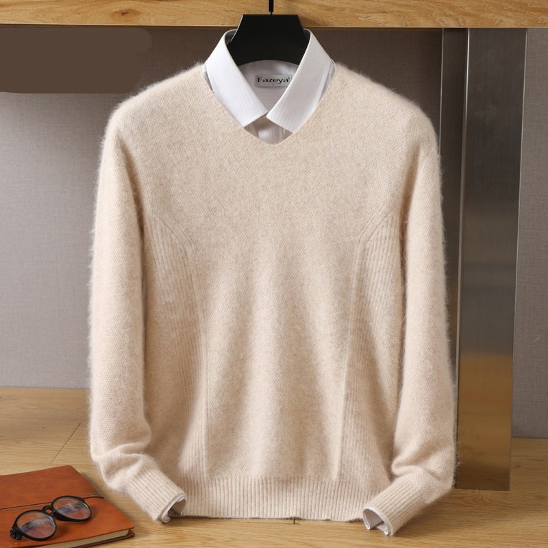 Men's 100% Pure Mink Cashmere Sweater V-Neck Pullovers Knit Sweater Autumn and Winter New Long Sleeve High-End Jumpers Mink Tops