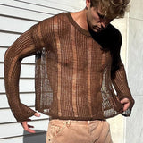 New Arrivals Autumn Sexy Hollow Mesh Knit T-shirts Men Streetwear Pullovers Solid Long Sleeve Crew Neck Tees Mens Clothing