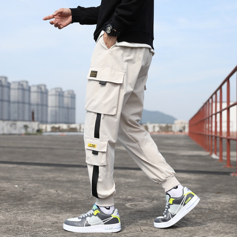 Classic Streetwear Casual Men Ribbons Harem Jogging Pants Male Slim Fit Spring Cargo Pants Multi-Pockets Women Trousers Jo