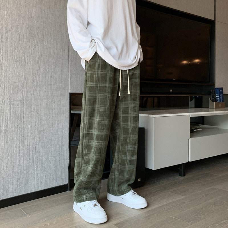 Men Checkered Casual Pants Loose Straight Corduroy Pants Sweatpants Man Fashion Streetwear  Spring New Hip Hop Trousers
