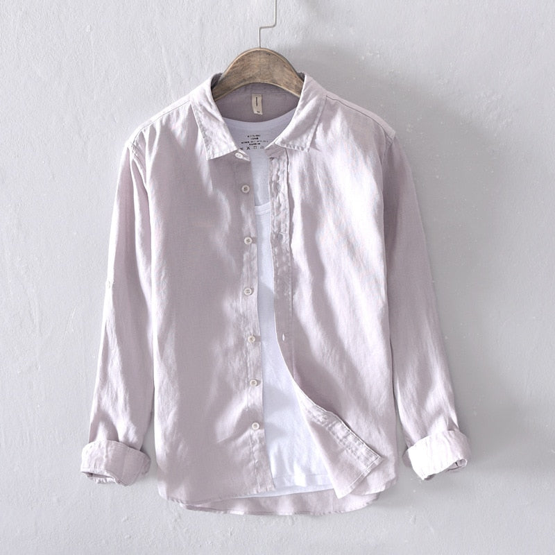New Designer 100% Linen Long Sleeved Shirt Men Brand Casual Solid White Button Up Shirts for Men Top