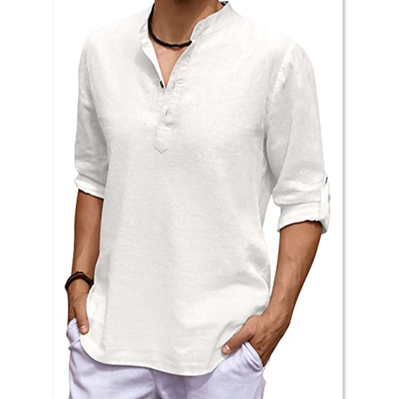Men Shirt New Mens Linen Long Sleeve V-Neck T Shirt Solid Color Casual Hawaiian Shirt Yoga Button Breathable Top Shirts for Men