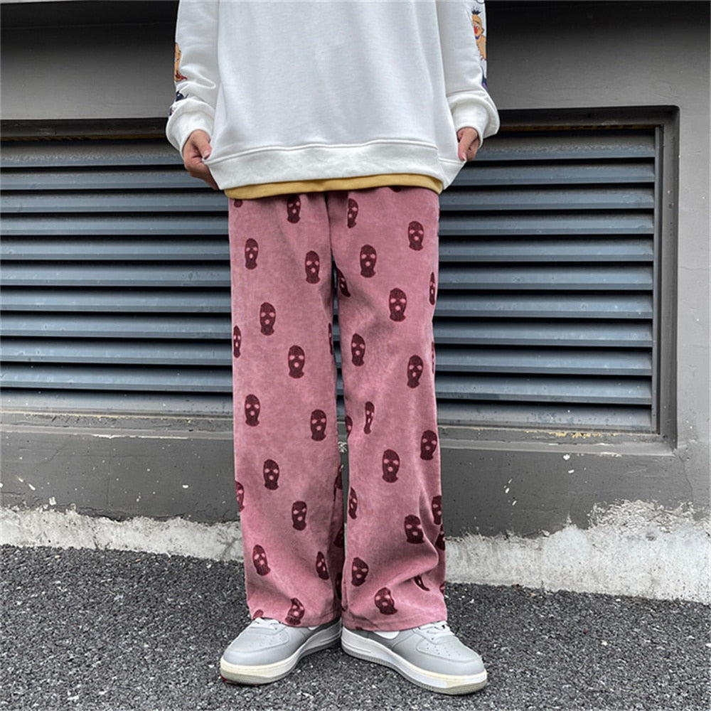 Harajuku Fahion Print Drawstring Casual Corduroy Men Baggy Pants Hip Hop Straight Sweatpants Male Loose Trousers