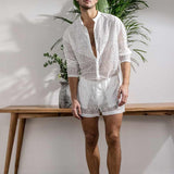 New Arrivals Men Set Summer Sexy See Through Lace Outfits Beach Fashion Short Sleeved Tops And Shorts Mens Two Piece Suits