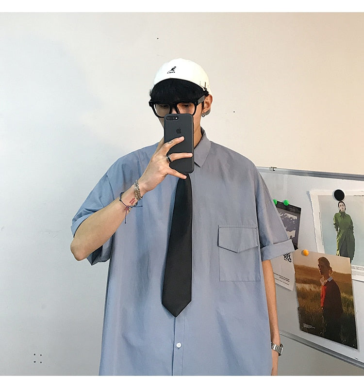 Gotmes Summer New Fashion Loose Solid Shirts Men's  Casual Short Sleeve Shirts Turn-down Collar Clothing Blouses Tops Q02