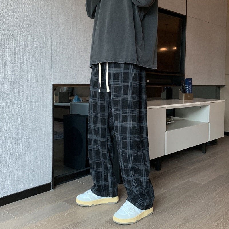 Men Checkered Casual Pants Loose Straight Corduroy Pants Sweatpants Man Fashion Streetwear  Spring New Hip Hop Trousers