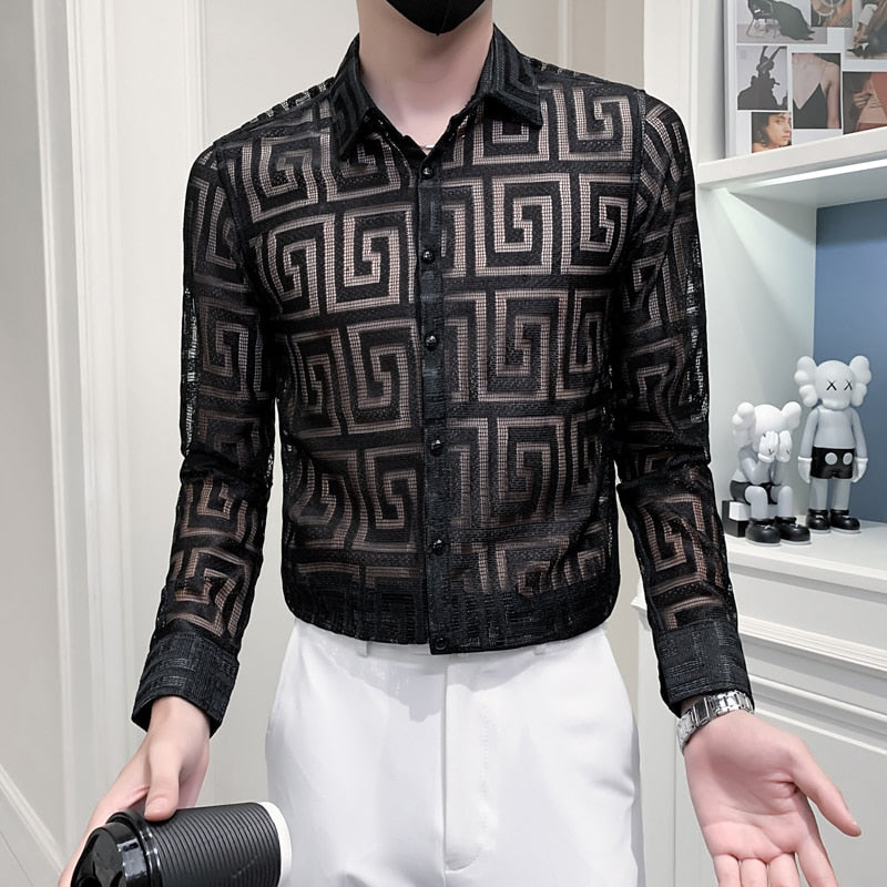Autumn New Sexy Transparent Lace Shirt Men Clothing Simple All Match Slim Fit Long Sleeve Club/Prom Tuxedo