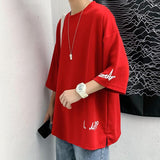 Fashion Solid Color Printed Asymmetrical T-Shirt Men Clothing  Spring New Oversized Casual Pullovers Loose Korean Tee Shirt