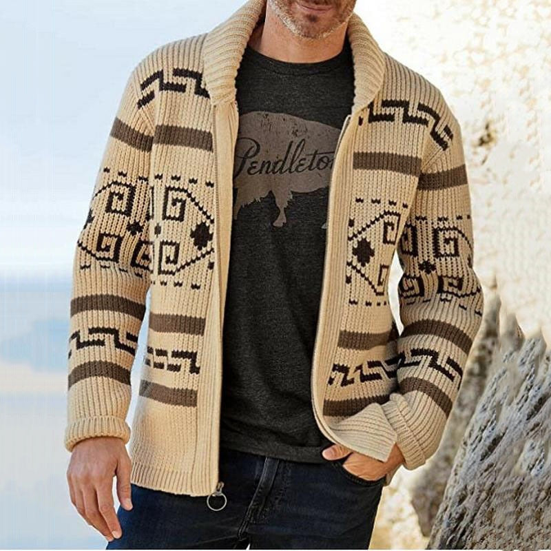 Autumn And Winter New Men's Fashion Lapel Casual Cardigan Coat Slim Jacquard Knitted Sweater