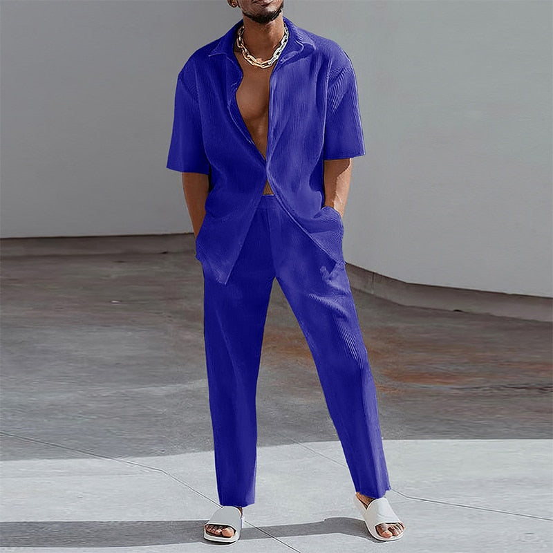 Fashion Print Two Piece Set Men Summer Short Sleeve Lapel Button Shirts And Straight Pants Suit For Mens Outfits Casual Clothing