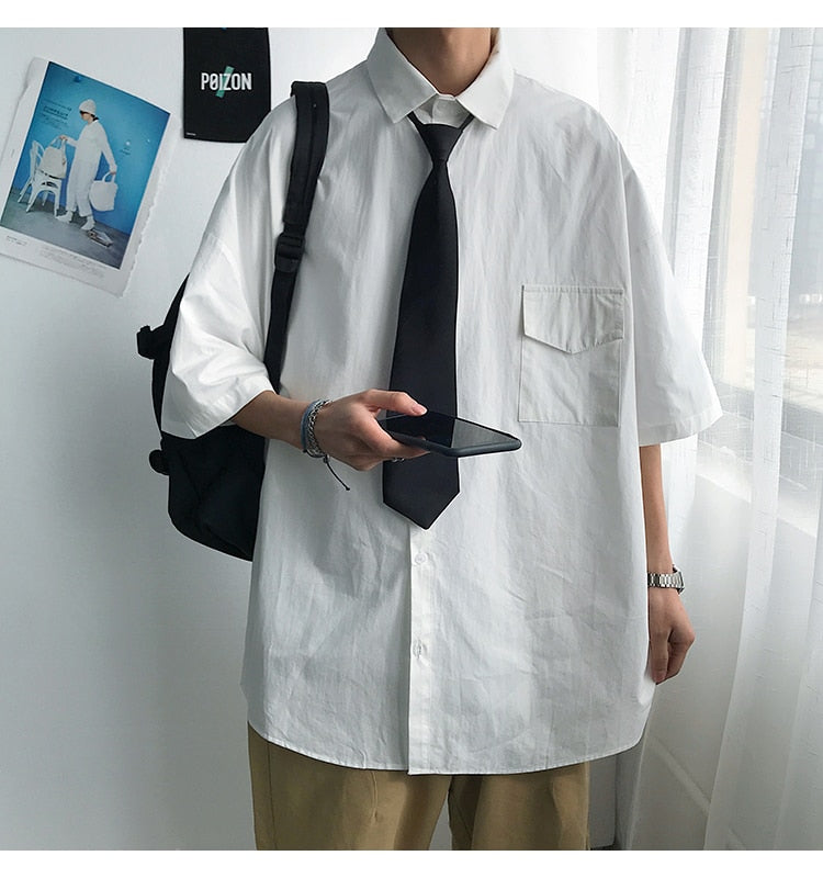 Gotmes Summer New Fashion Loose Solid Shirts Men's  Casual Short Sleeve Shirts Turn-down Collar Clothing Blouses Tops Q02