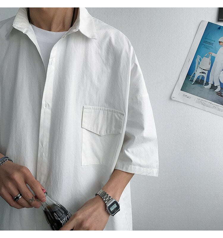 Gotmes Summer New Fashion Loose Solid Shirts Men's  Casual Short Sleeve Shirts Turn-down Collar Clothing Blouses Tops Q02