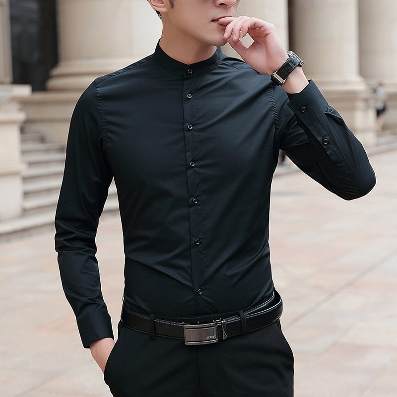 Brand New Men Shirts Business Long Sleeve Stand Collar Cotton Male Shirt Slim Fit Popular Designs Men's Fahion