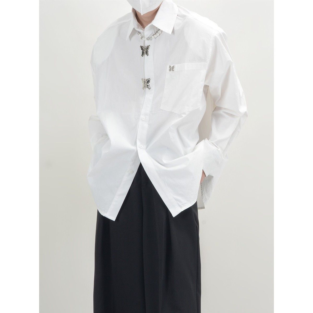 Design Sense Long Sleeve Lapel Shirt for Men New Metal Butterfly Lock Loose Casual Shirt Korean Fashion Blouses