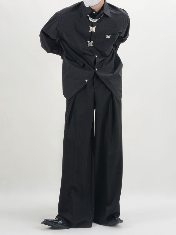 Design Sense Long Sleeve Lapel Shirt for Men New Metal Butterfly Lock Loose Casual Shirt Korean Fashion Blouses