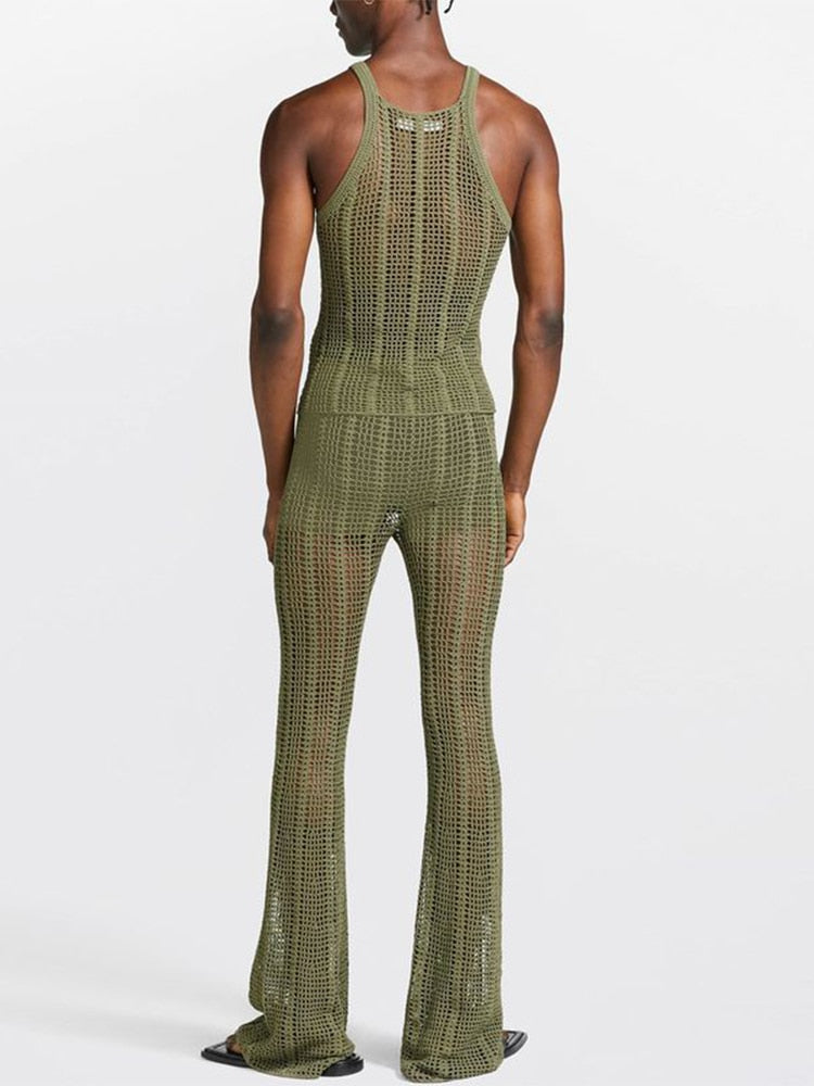 Streetwear Men Fashion Solid Knitted Outfit Summer Sleeveless Slim Tank Tops And Loose Pants Suit Mens Sexy Hollow Two Piece Set
