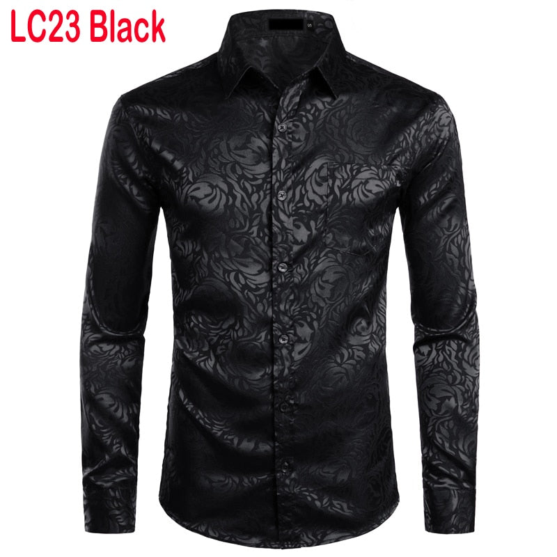 Men's Floral Black Dress Shirts Stylish New Long Sleeve Steampunk Shirt Men Party Club Bar Social Shirt Male Chemise Homme