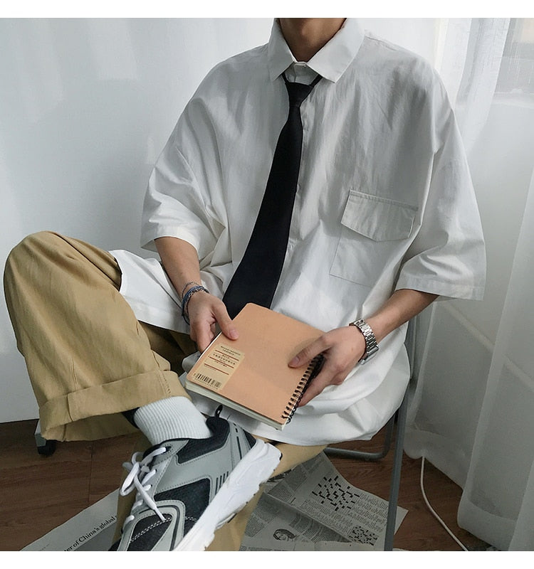 Gotmes Summer New Fashion Loose Solid Shirts Men's  Casual Short Sleeve Shirts Turn-down Collar Clothing Blouses Tops Q02