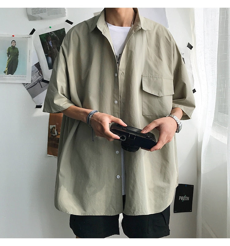 Gotmes Summer New Fashion Loose Solid Shirts Men's  Casual Short Sleeve Shirts Turn-down Collar Clothing Blouses Tops Q02