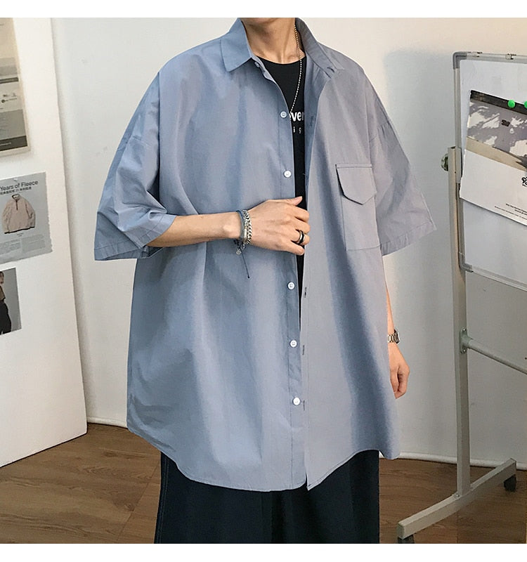 Gotmes Summer New Fashion Loose Solid Shirts Men's  Casual Short Sleeve Shirts Turn-down Collar Clothing Blouses Tops Q02