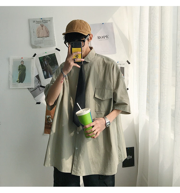 Gotmes Summer New Fashion Loose Solid Shirts Men's  Casual Short Sleeve Shirts Turn-down Collar Clothing Blouses Tops Q02