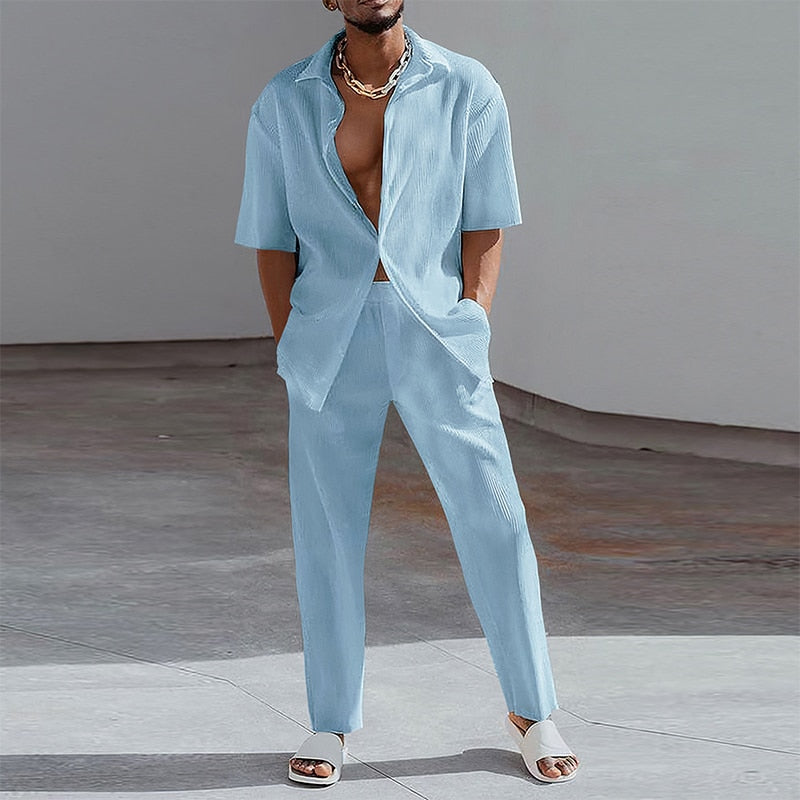 Fashion Print Two Piece Set Men Summer Short Sleeve Lapel Button Shirts And Straight Pants Suit For Mens Outfits Casual Clothing