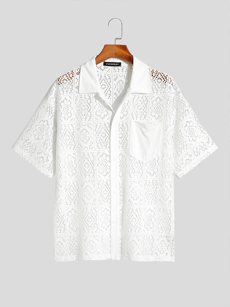 Fashion Casual Style New Men's Tops INCERUN Hollow Lace Pane Flower Printed Blouse Male Knitted Short-sleeved Shirts S-5XL
