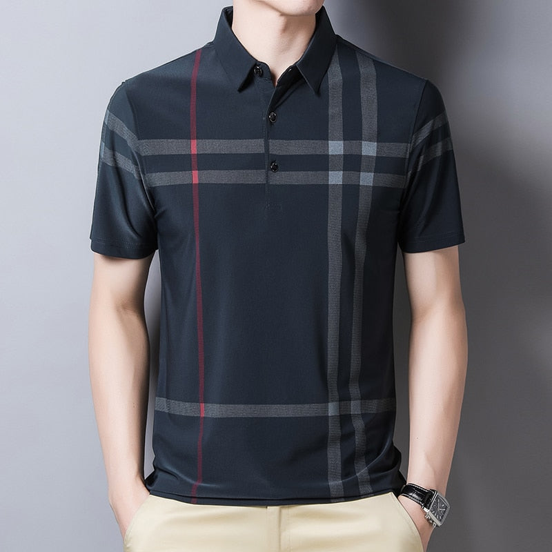 Business Polo Shirt Men Summer New Casual Loose Breathable Anti-wrinkle Short Sleeved Plaid Men Polo Shirt Men Tops