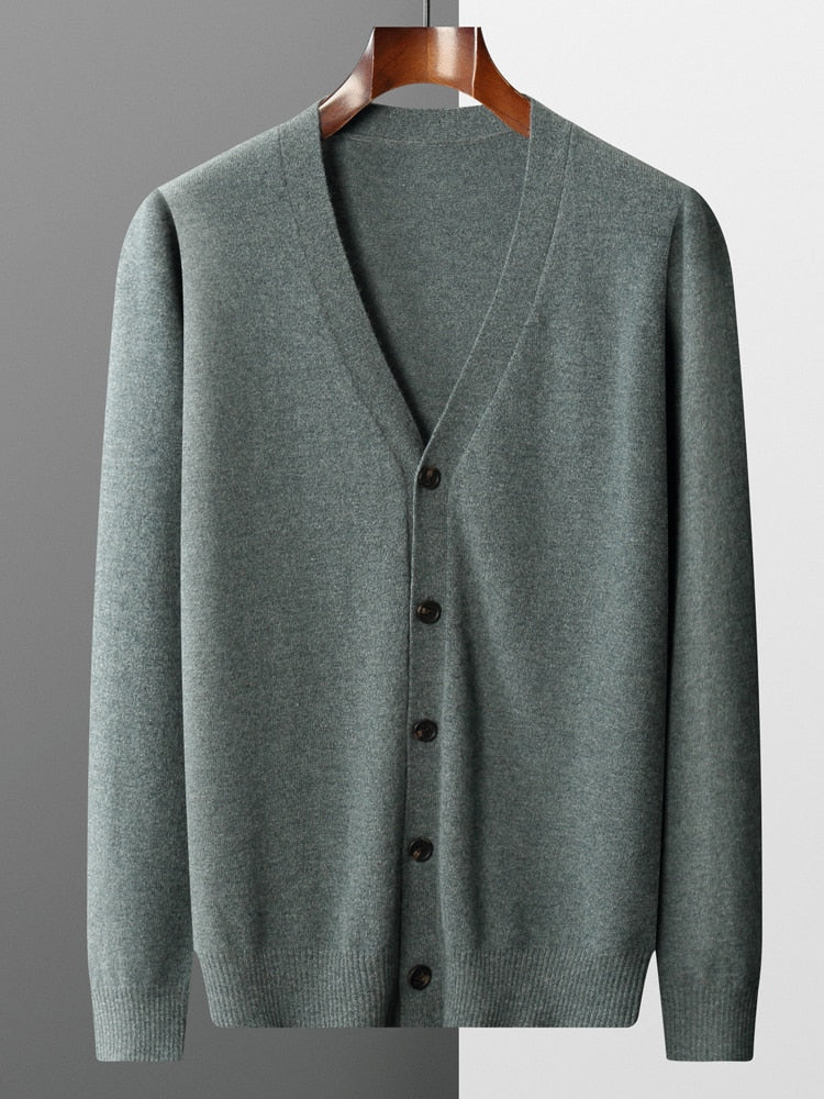 100% Pure Merino Wool Sweater Jacket Men's V-Neck Cardigan Autumn Winter New Solid Color Top Casual Basic All-Match