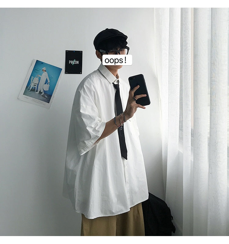 Gotmes Summer New Fashion Loose Solid Shirts Men's  Casual Short Sleeve Shirts Turn-down Collar Clothing Blouses Tops Q02