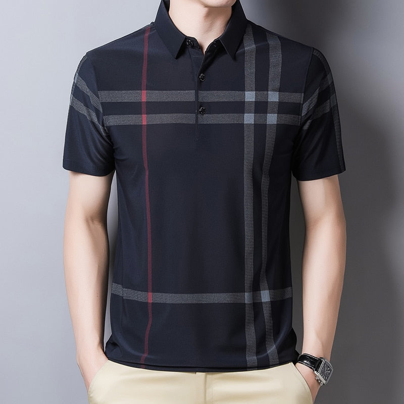 Business Polo Shirt Men Summer New Casual Loose Breathable Anti-wrinkle Short Sleeved Plaid Men Polo Shirt Men Tops