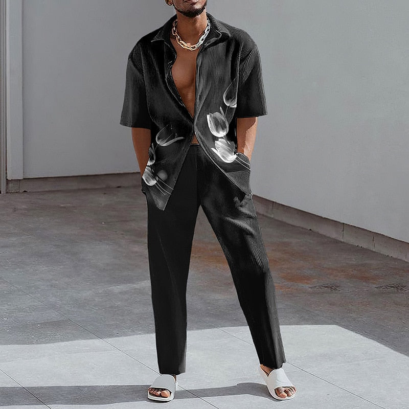 Fashion Print Two Piece Set Men Summer Short Sleeve Lapel Button Shirts And Straight Pants Suit For Mens Outfits Casual Clothing